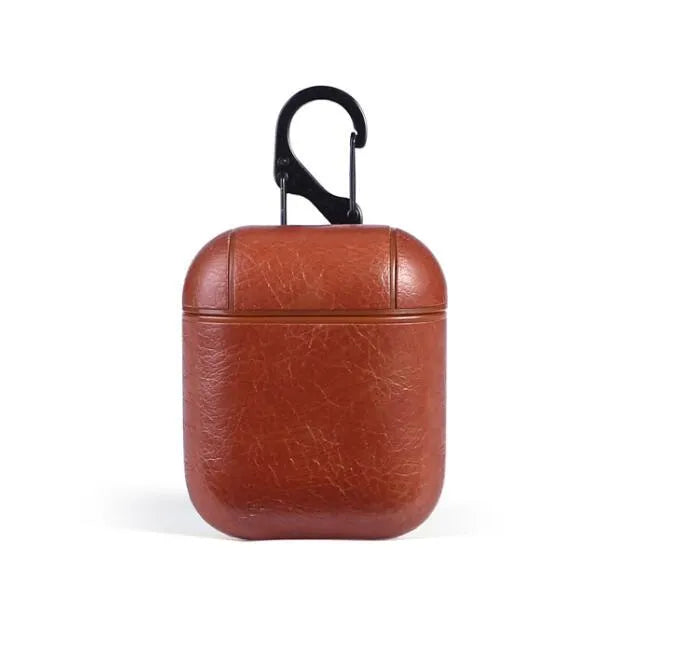 Genuine leather protective case for Apple Airpods in various colours showing charging port access.