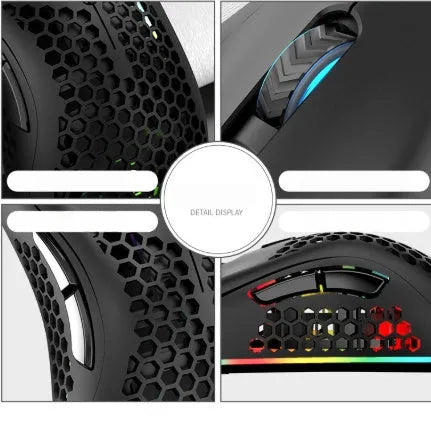 BM600 hollow-out luminous wireless gaming mouse in cyan, black, or white on a desktop.