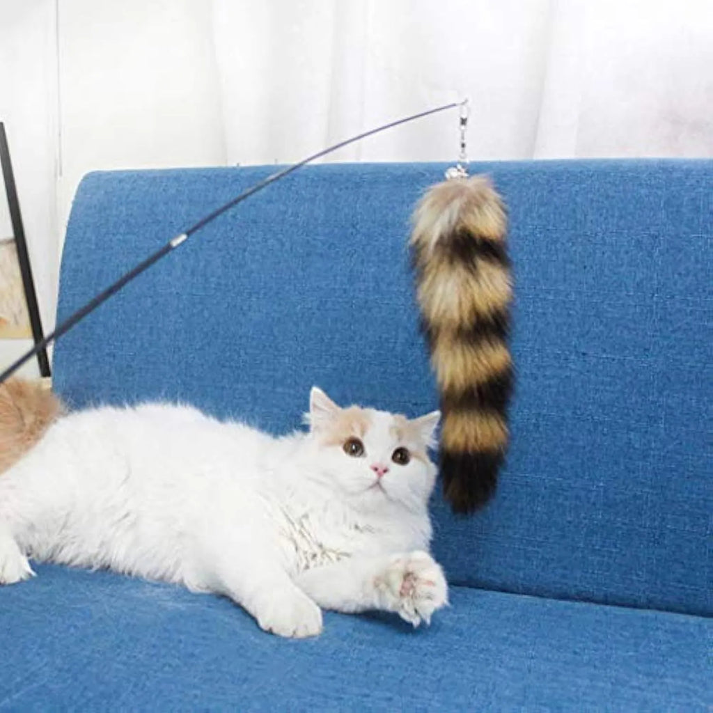 Black cat toy wand with long elastic string, length 42cm.