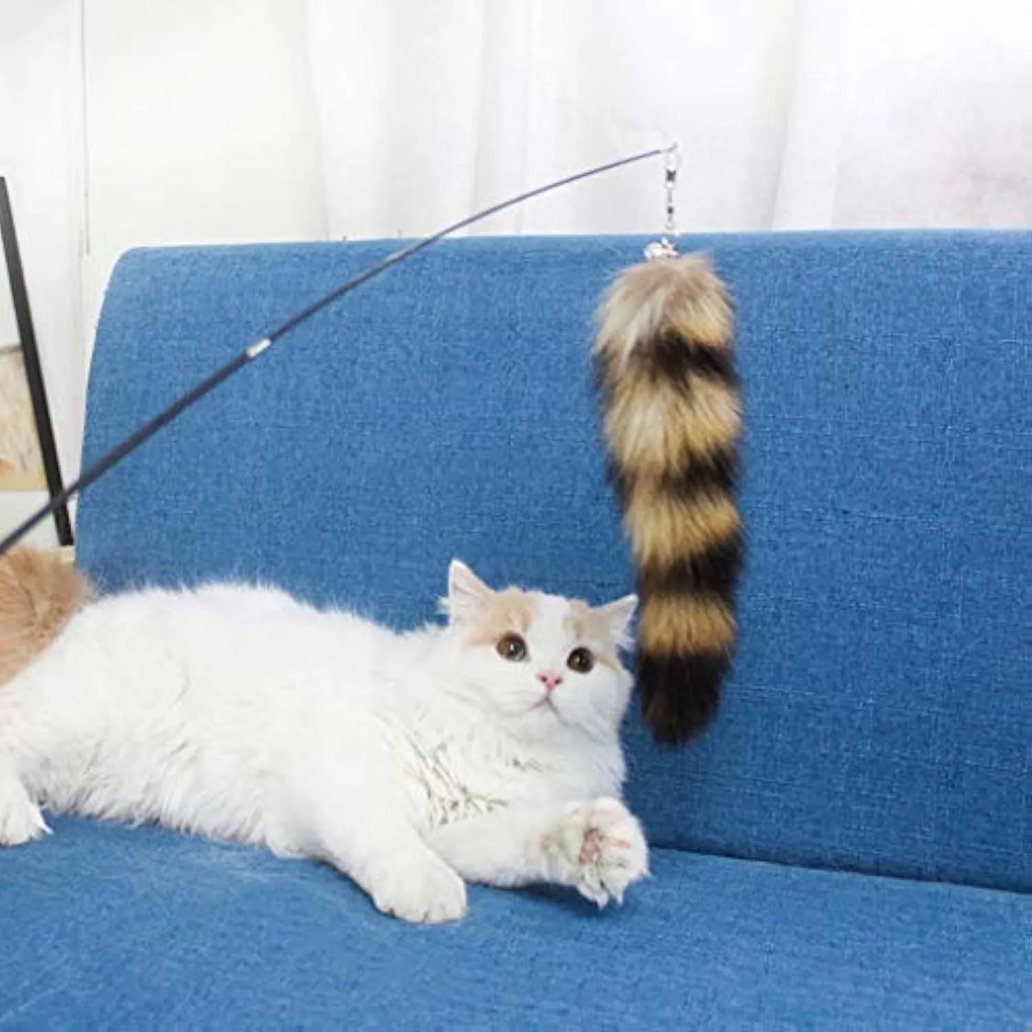 Black cat toy wand with long elastic string, length 42cm.