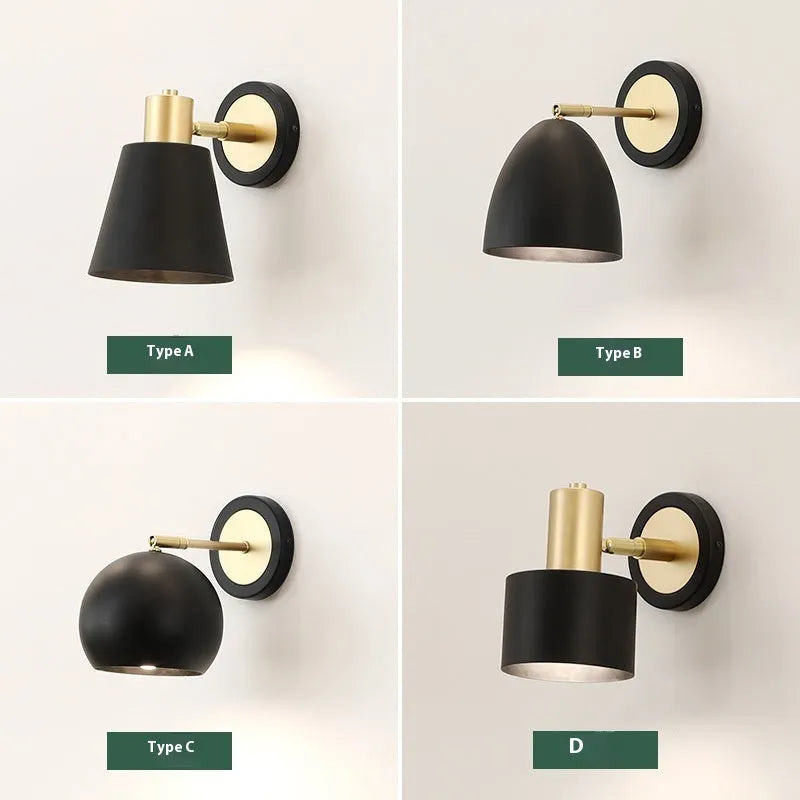 Nordic style iron wall lamp in a choice of four designs for bedside or living room wall mounting.