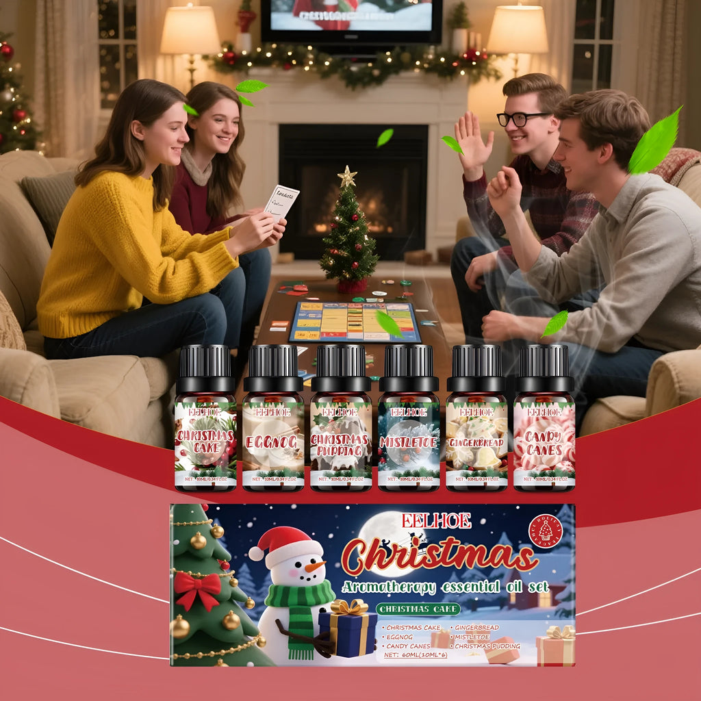 Christmas aromatherapy oil gift set showing six 60ml bottles of scented oil for home fragrance.