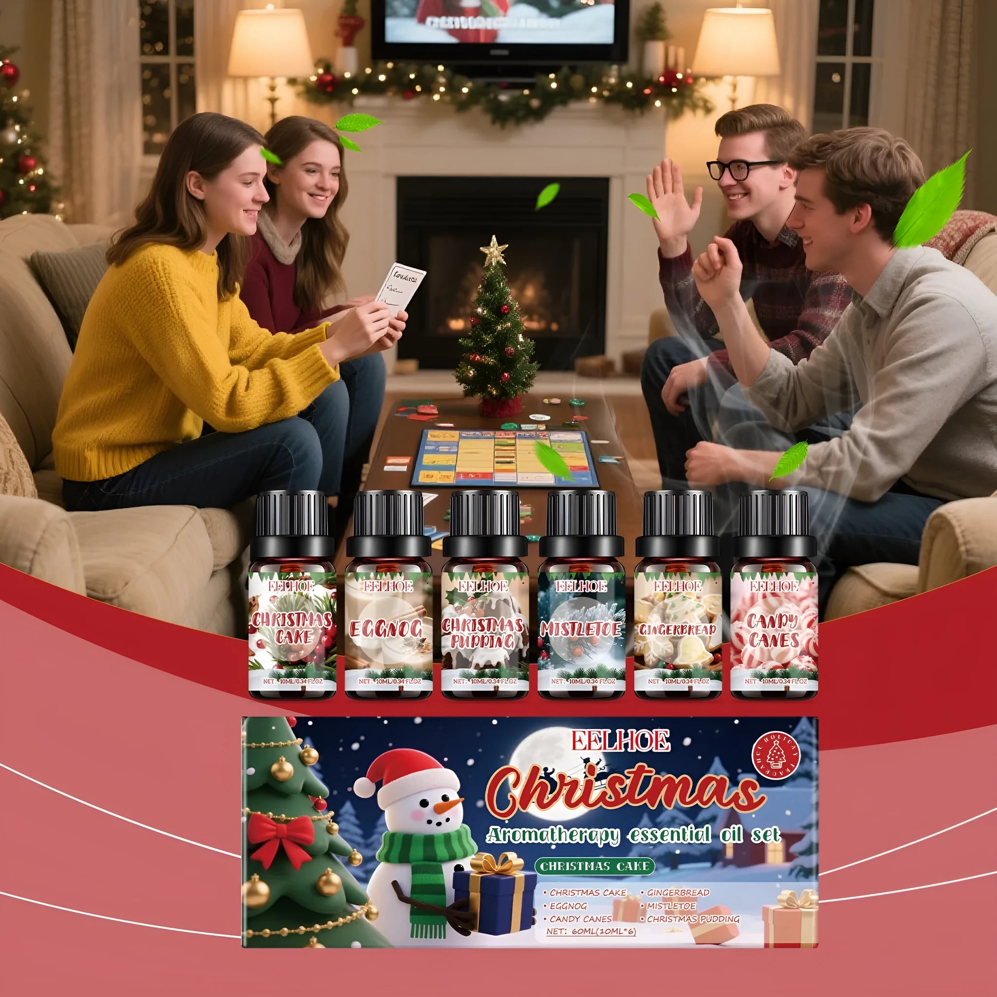 Christmas aromatherapy oil gift set showing six 60ml bottles of scented oil for home fragrance.