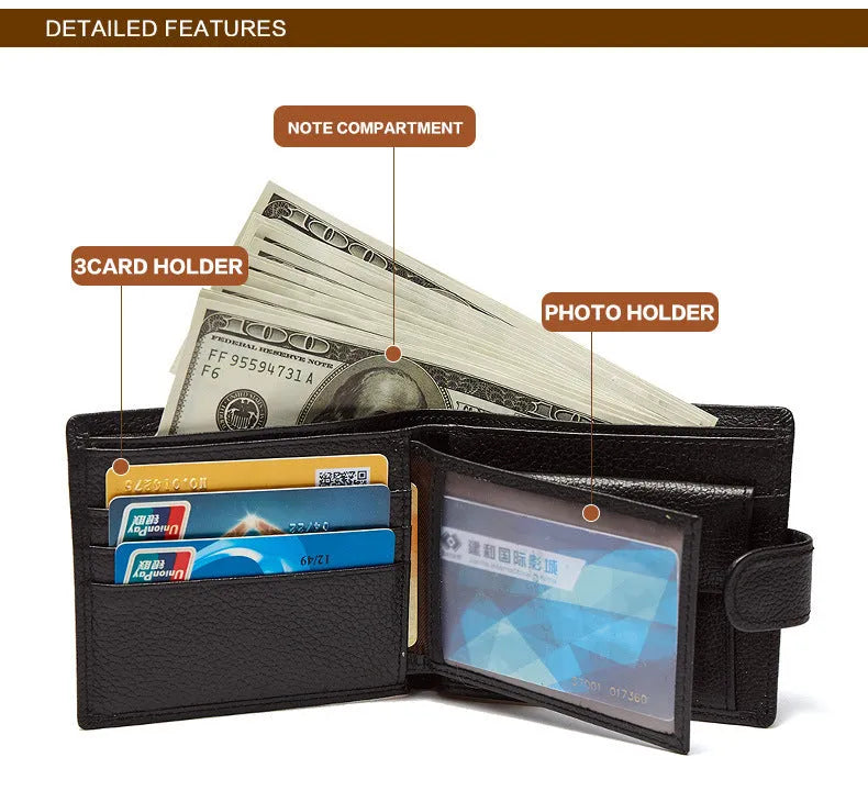 Black PU leather bifold wallet with buckle closure, showing card slots and zipper compartment