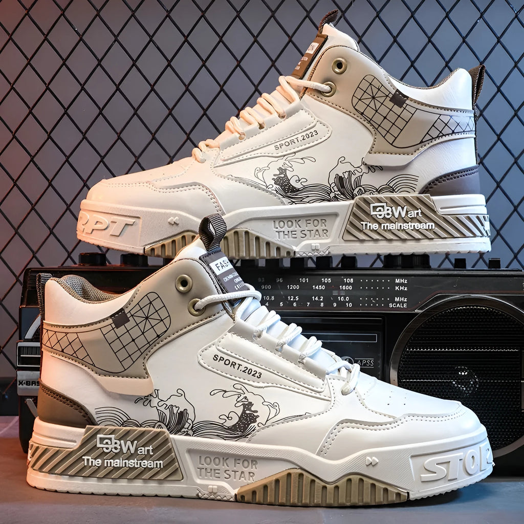 Men's beige and white high-top board shoes with a lace-up front and rubber sole.