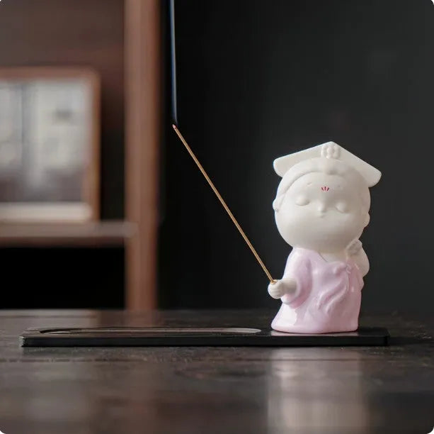 Ceramic cute Chinese female court attendant incense burner decoration in Qingge or Yawu colours.