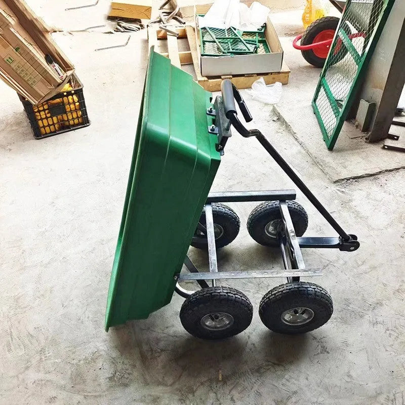 Green four-wheel dump truck with steel PP construction, 940mm long bed