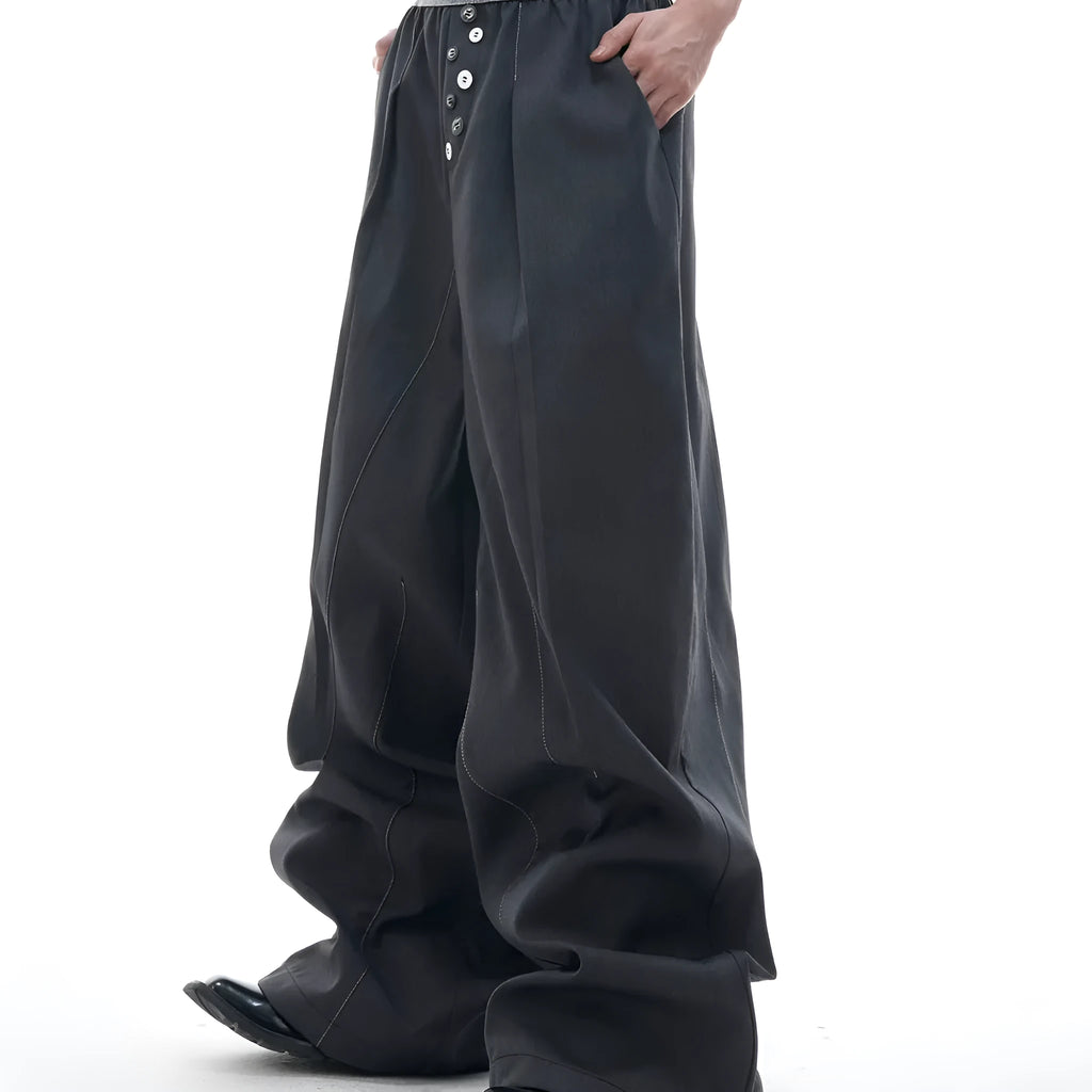 Straight-leg high-waist casual trousers with button-fly design in black or grey colour