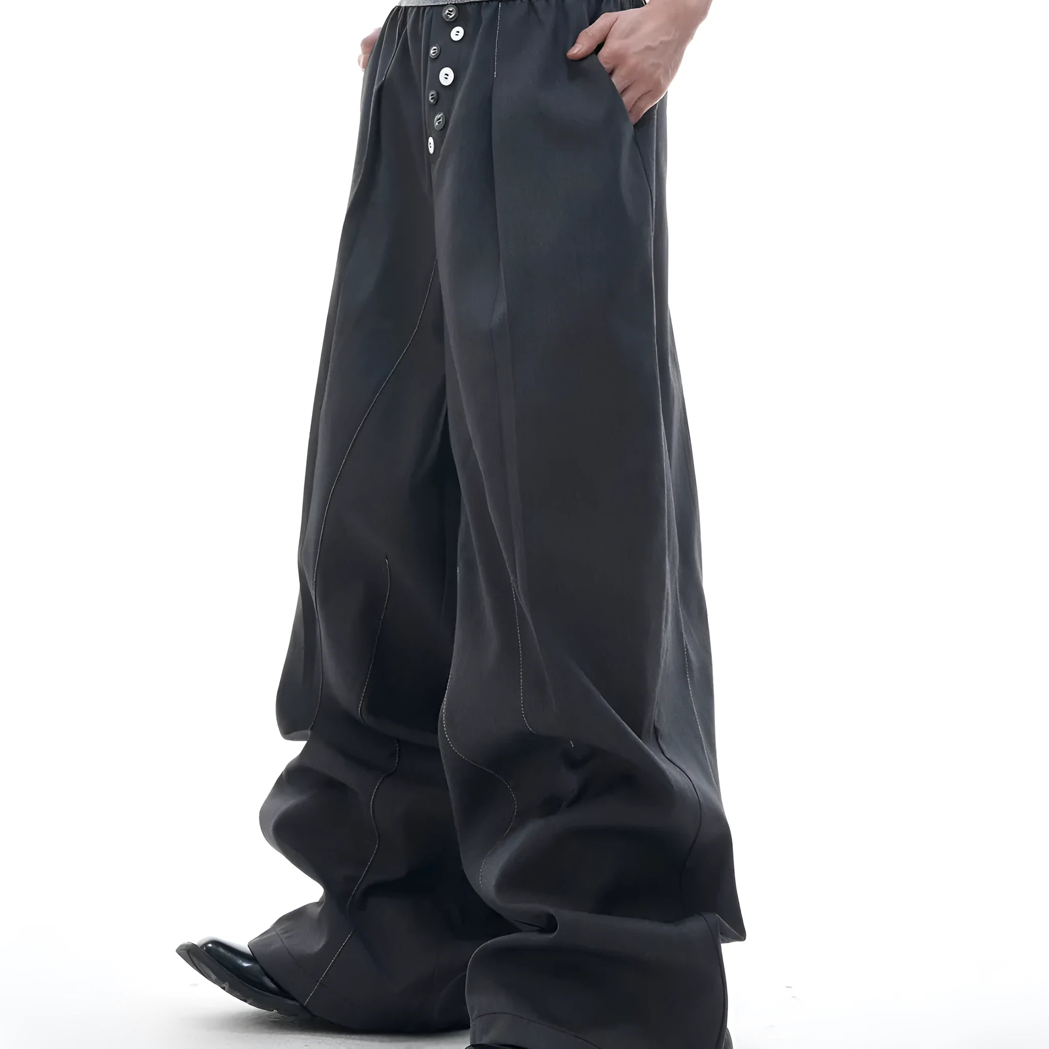 Straight-leg high-waist casual trousers with button-fly design in black or grey colour
