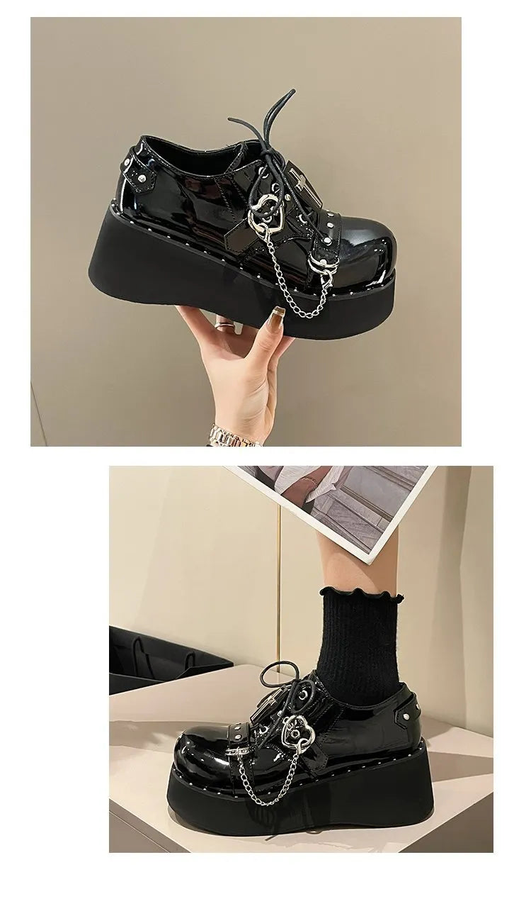 Black punk platform leather shoes with rubber sole and decorative stitching in dark lolita style