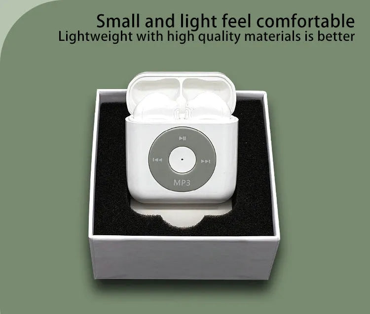 White semi-in-ear wireless Bluetooth earphones with charging case and memory card.