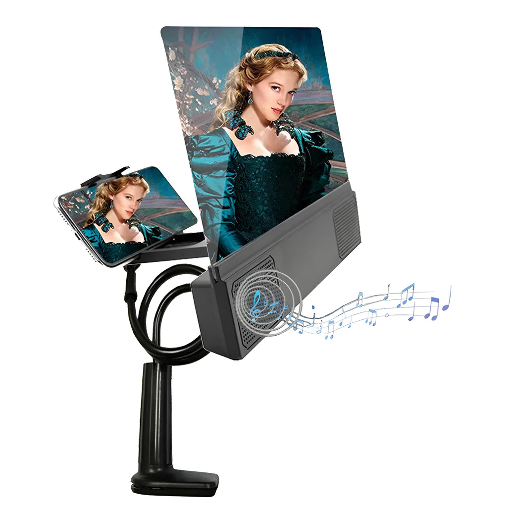 12-inch mobile phone screen amplifier with flexible gooseneck stand and integrated speaker