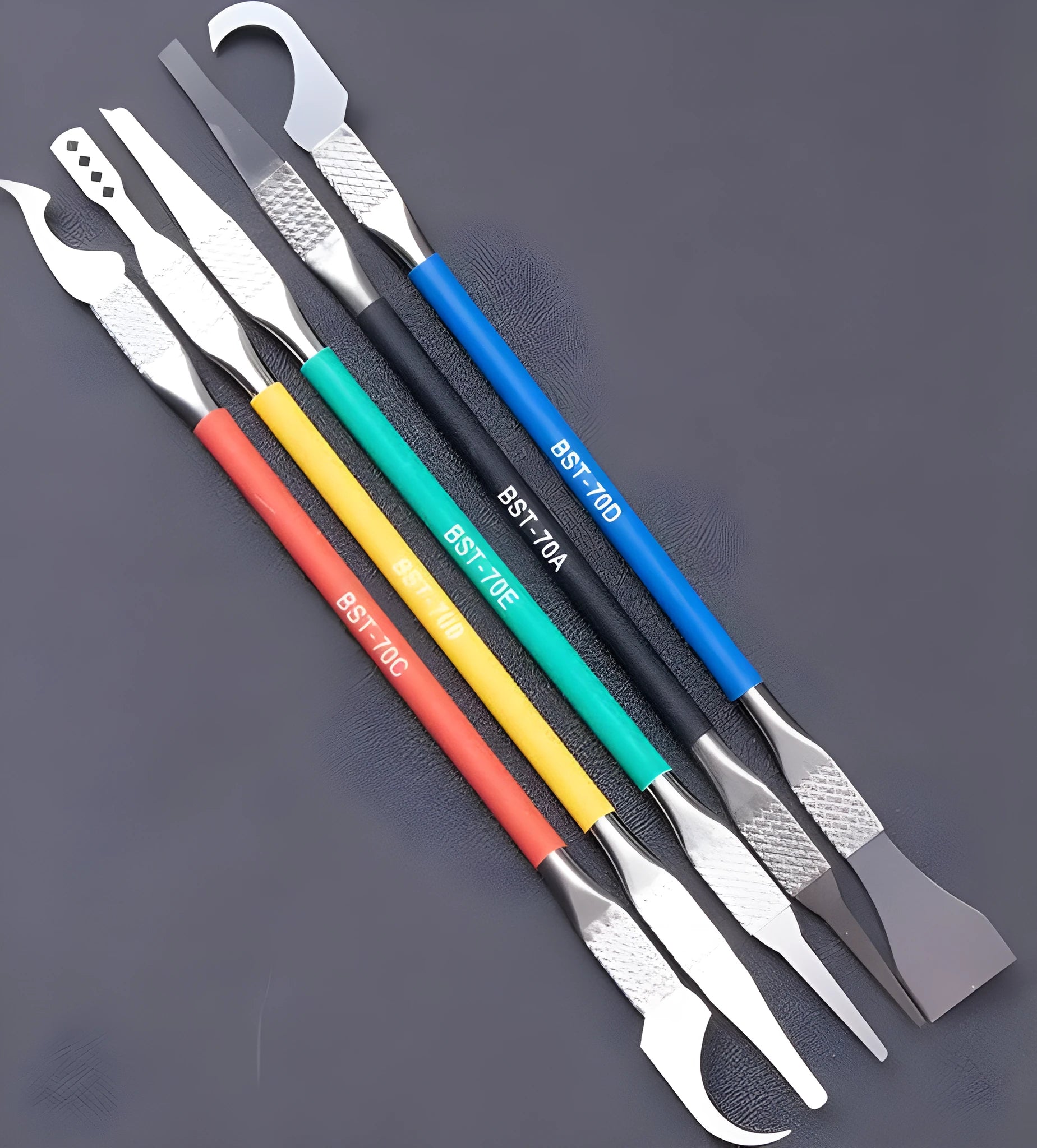 Five piece stainless steel disassembling tool knife set with crowbar blade and thin 0.07mm tips for plastic repair