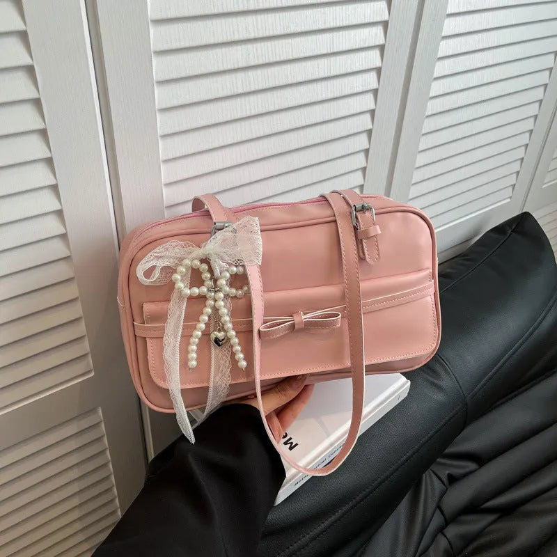 Women's single-shoulder flap bag in horizontal square shape with bow decoration and mobile phone compartment