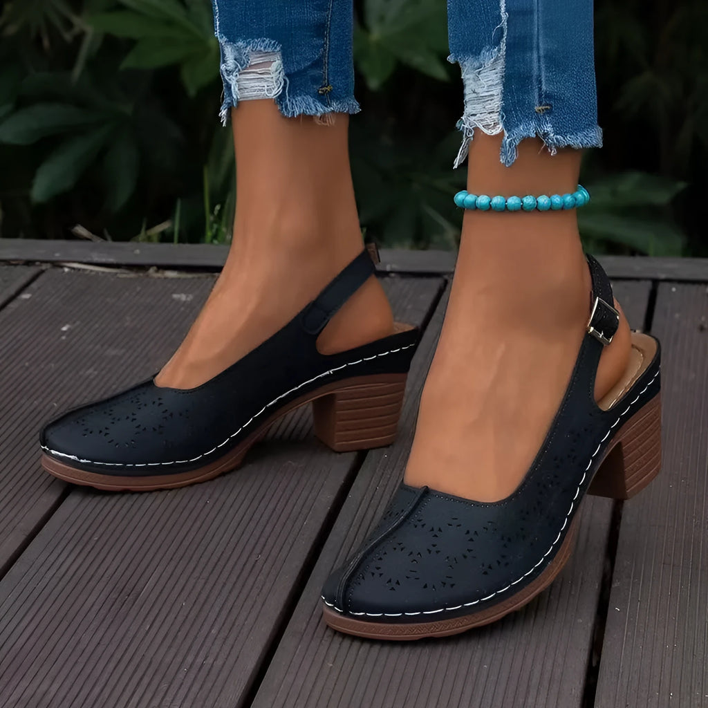 Women's closed toe wedge sandals in black with PU upper and rubber sole, round toe, plus size option