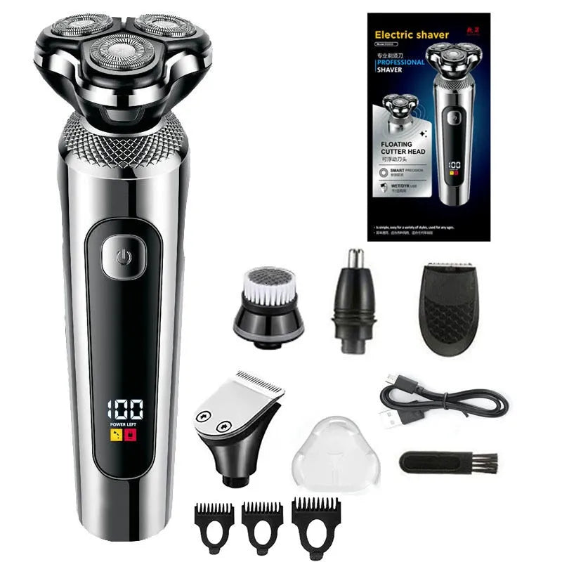USB rechargeable beard trimmer with digital display on its five-in-one base, showing washable body and floating cutter head.
