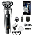 USB rechargeable beard trimmer with digital display on its five-in-one base, showing washable body and floating cutter head.
