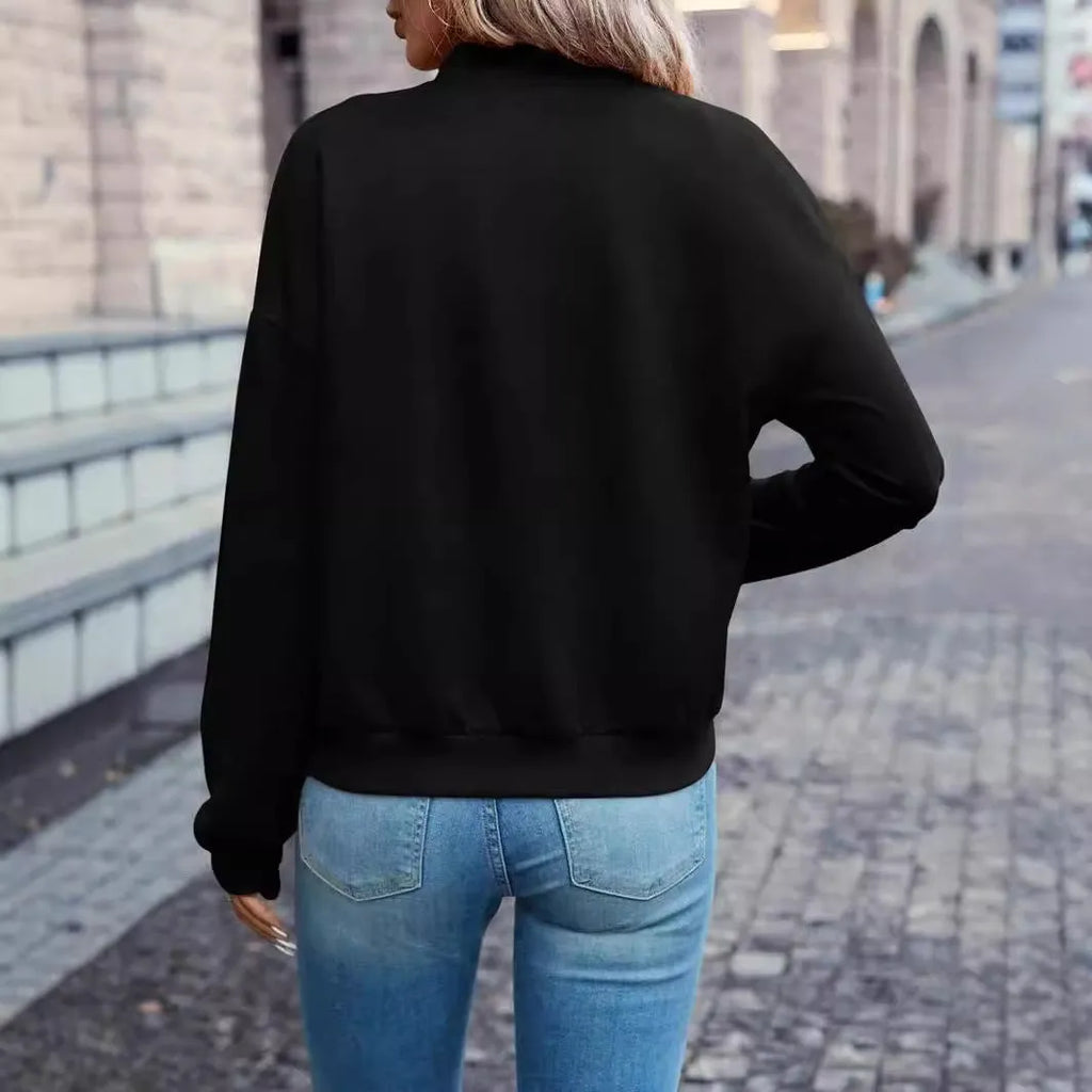 Women's black polyester zip jacket with long sleeves and faux pockets in Japanese Korean casual style