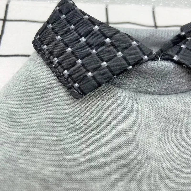 Fake two-piece collar thin velvet dog sweater with detachable hood in beige, grey, or dark grey, sizes XS-XL
