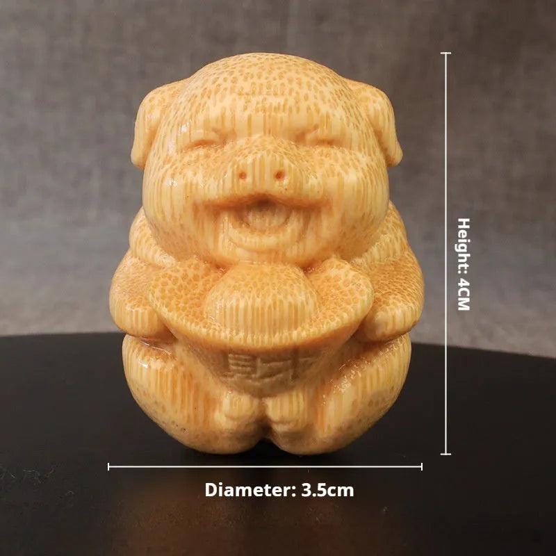 Fulu pig solid bamboo carving ornament with 4cm height and ingot pigskin shape