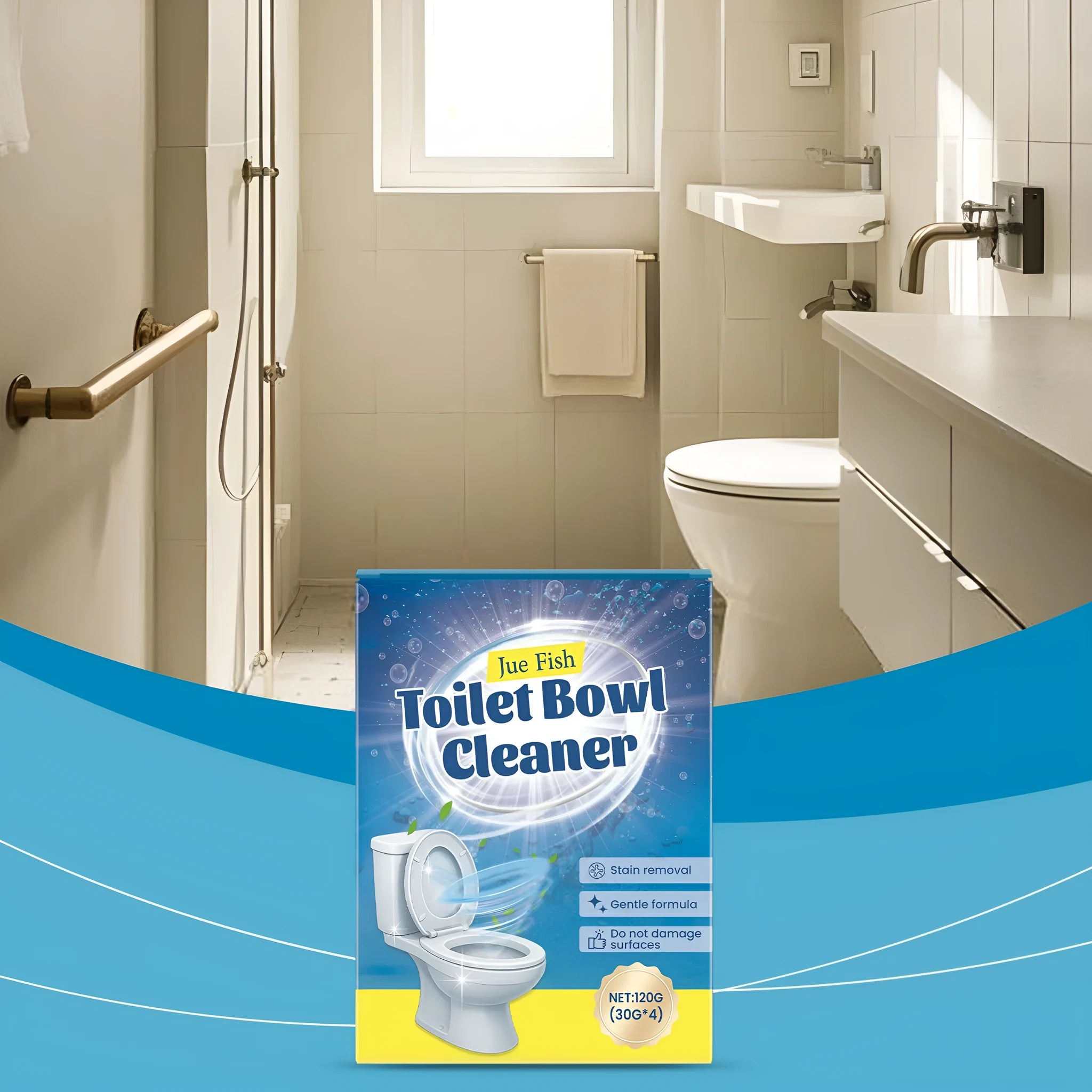 Box of toilet cleaning powder showing four 30g pouches, 120g total, for descaling and stain removal.