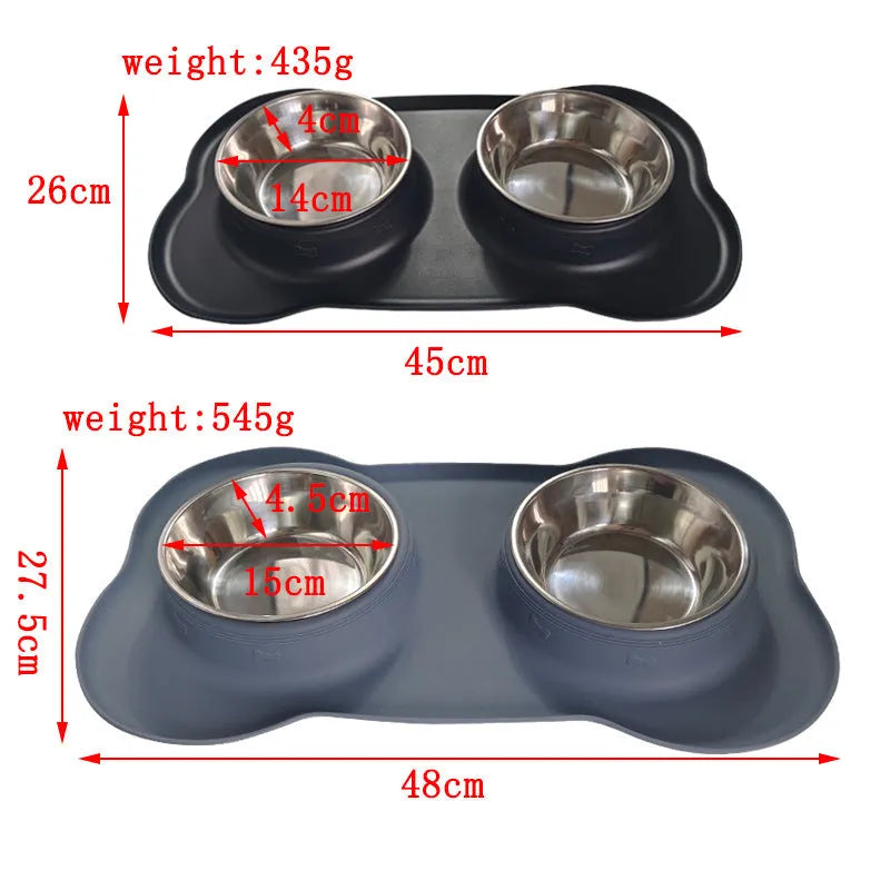Large silicone double dog bowl with stainless steel food and water compartments in blue colour