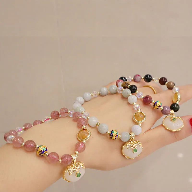 Strawberry Quartz and Gray Jade geometric national style bracelet with metal decoration