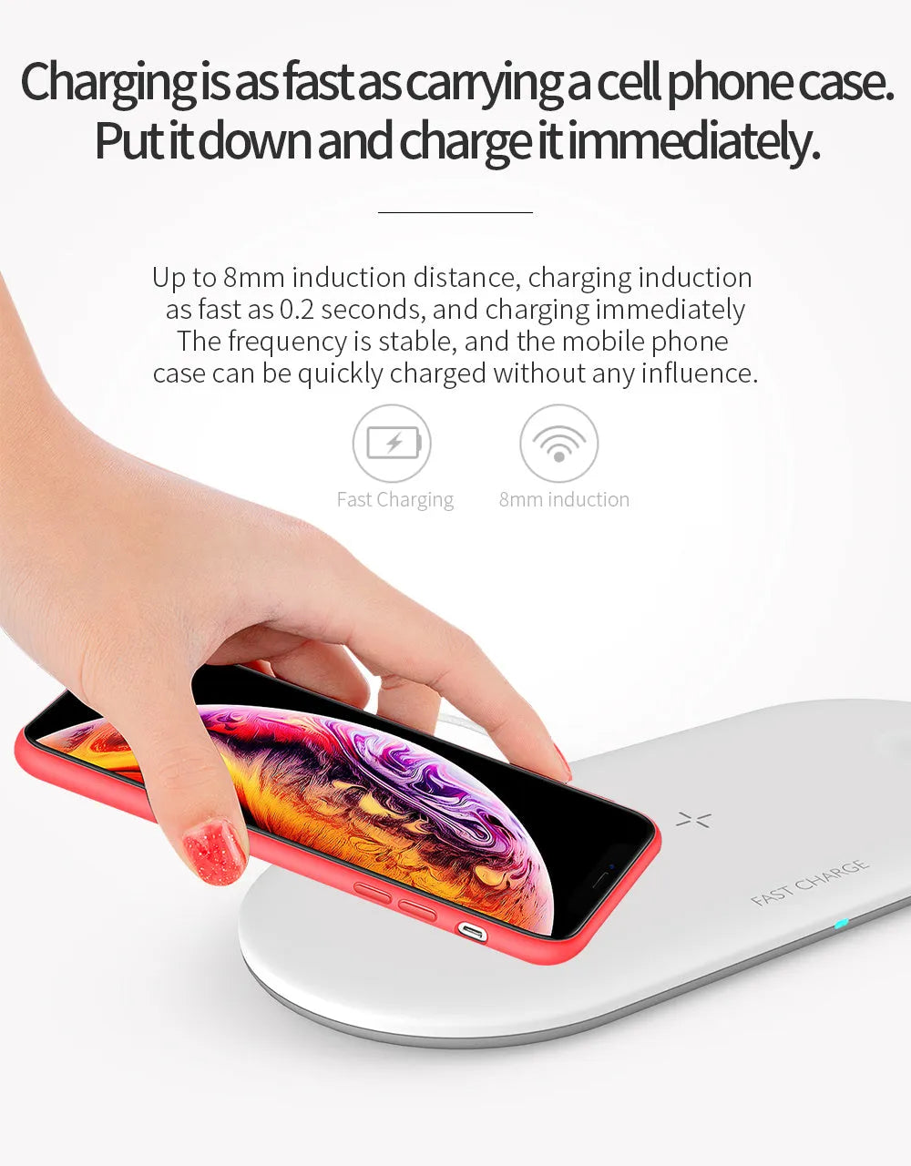 Black and white 3-in-1 wireless charging station for Apple Watch, iPhone and compatible earbuds on a desk.
