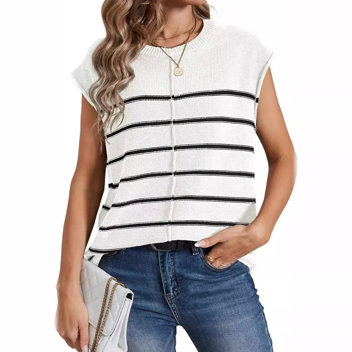 Women's striped vest sleeve pullover top in acrylic fabric with bone stitching detail