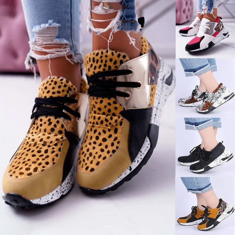 Women's casual suede sneakers with wedge heel in leopard pattern colour option