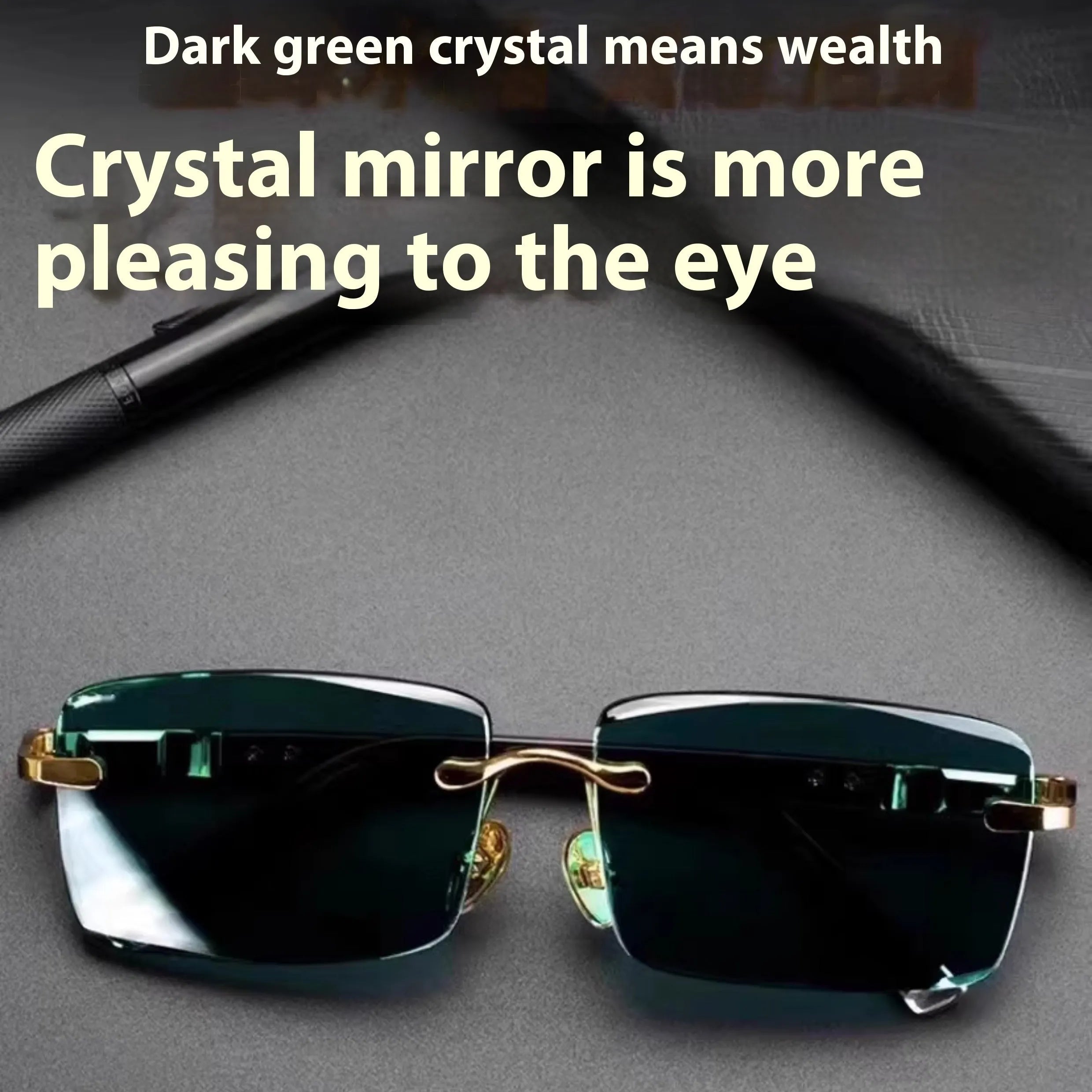 Frameless sunglasses with dark green tinted lenses lying on a hard protective case with a microfiber cloth.