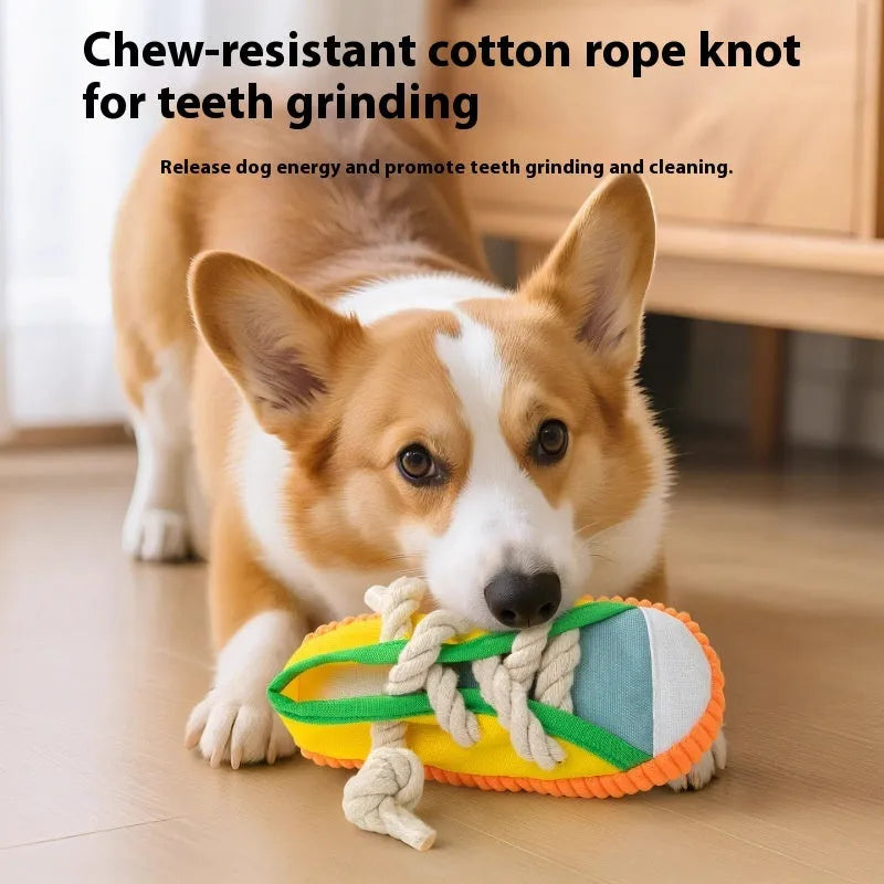 Dog sound slippers toy in rock yellow with bendable plastic body and sound feature for molar chewing