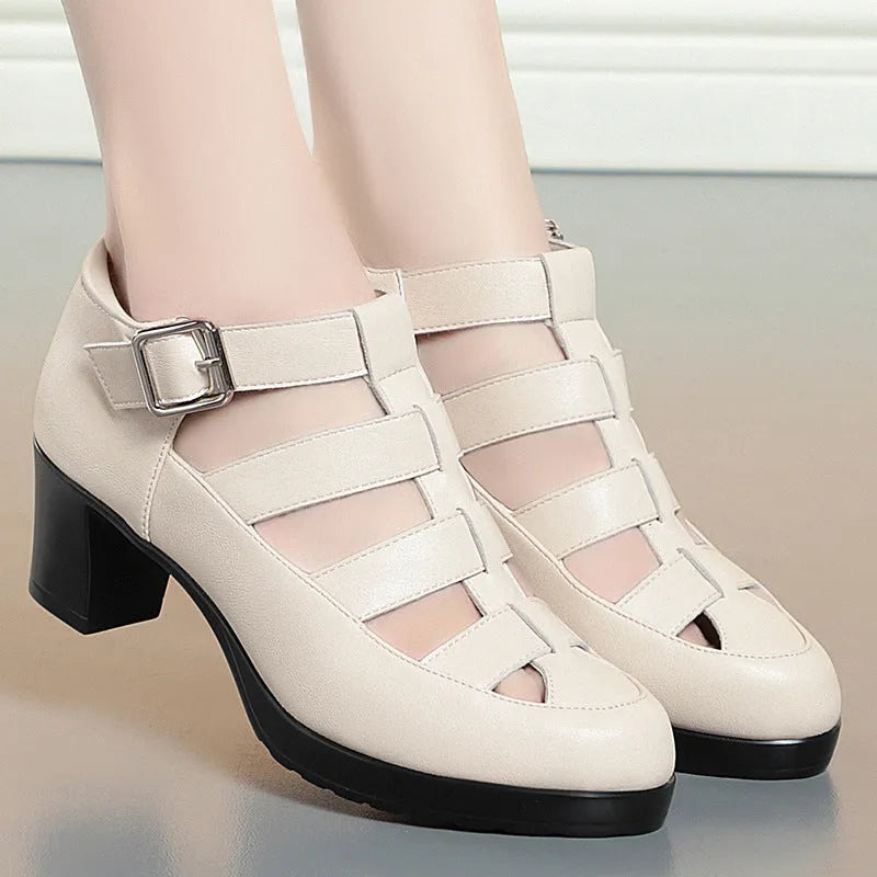 Women's closed toe chunky heel sandals with woven hollowed design and ankle strap in beige