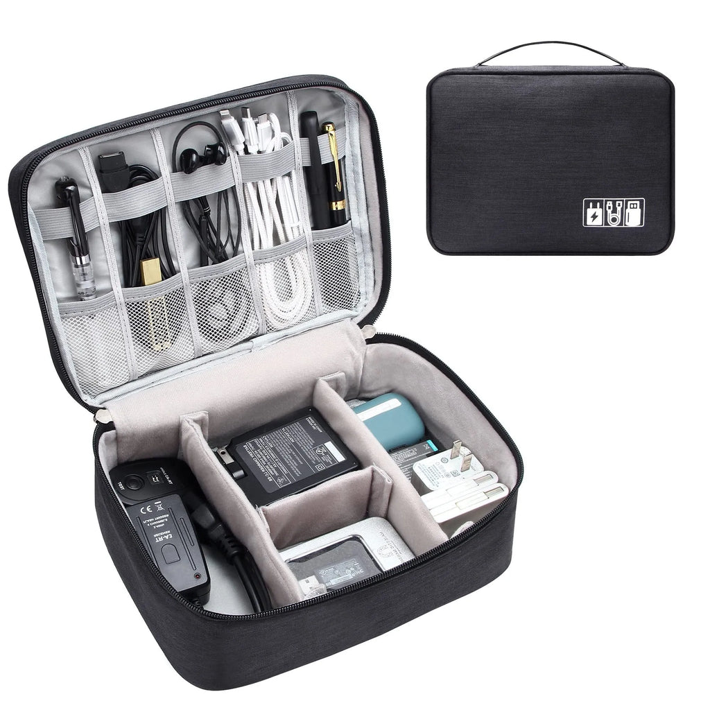 Black electronics organiser case open showing mesh pockets, elastic loops, and removable padded dividers for cable organisation