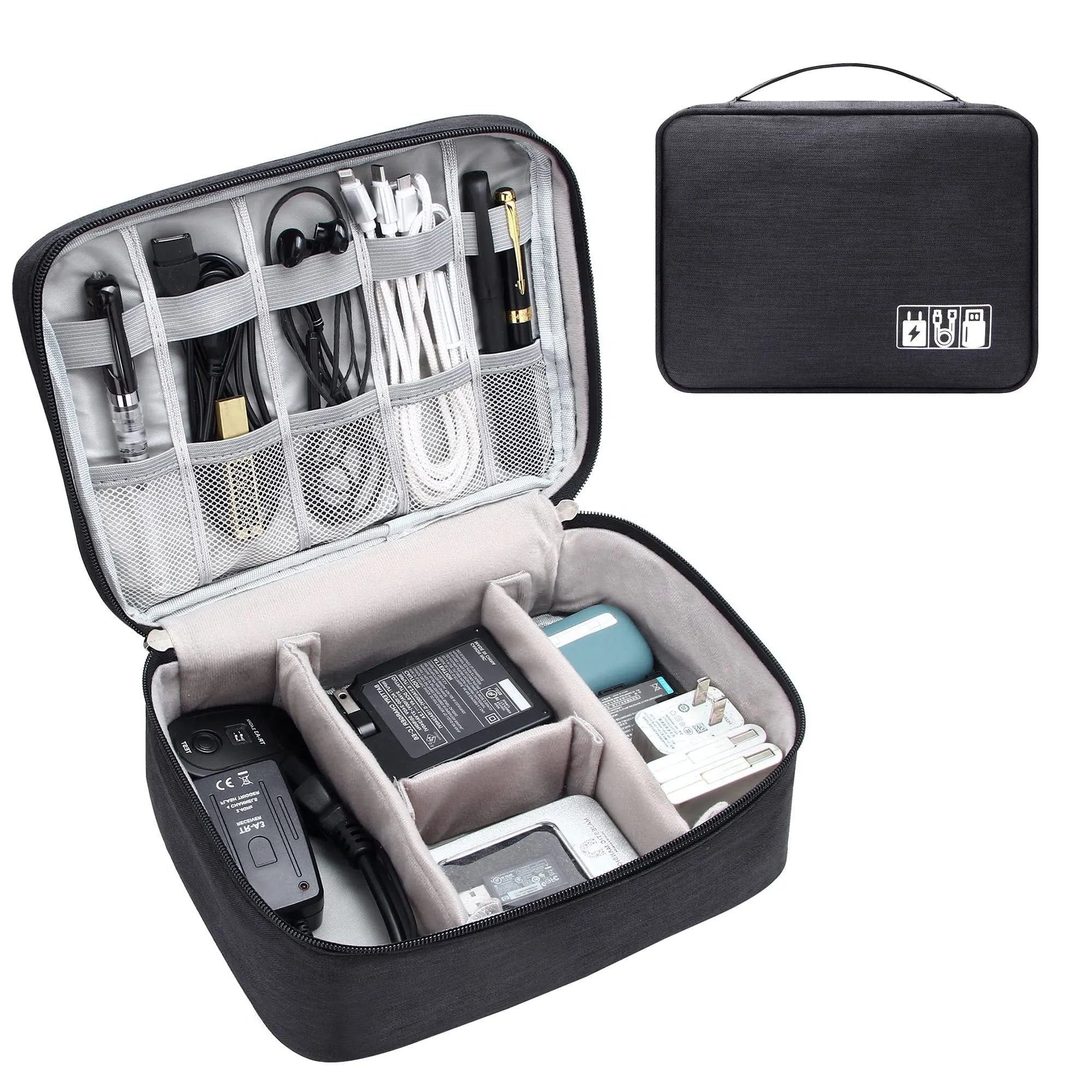 Black electronics organiser case open showing mesh pockets, elastic loops, and removable padded dividers for cable organisation