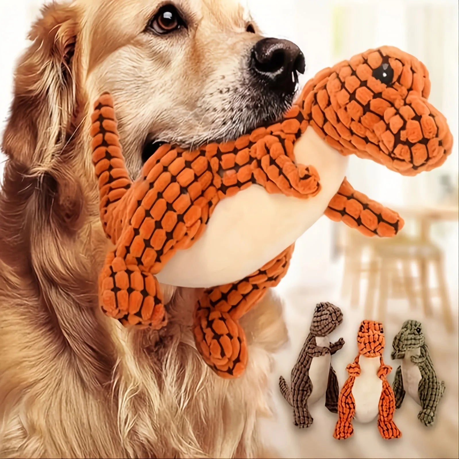 Grey, green and orange dog toys with sound features for bite resistant chewing measuring 35cm