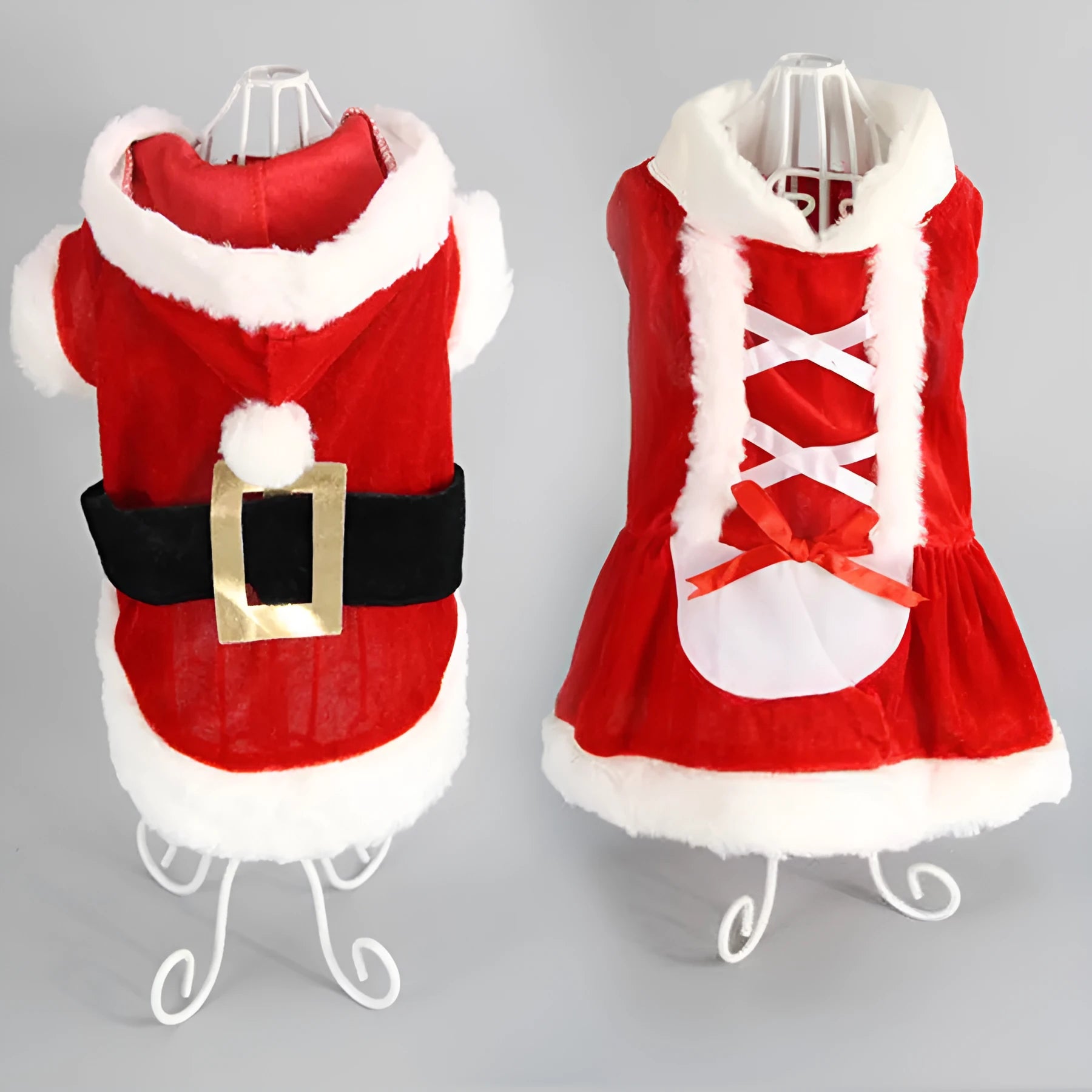 Red acrylic knit dog Christmas clothing in Red Clothes style, lying on a white background