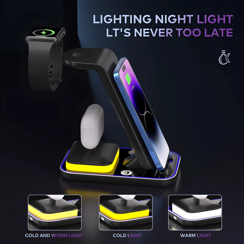 15W fast charge vertical wireless charger with phone, watch, and headset, black colour, on a desk