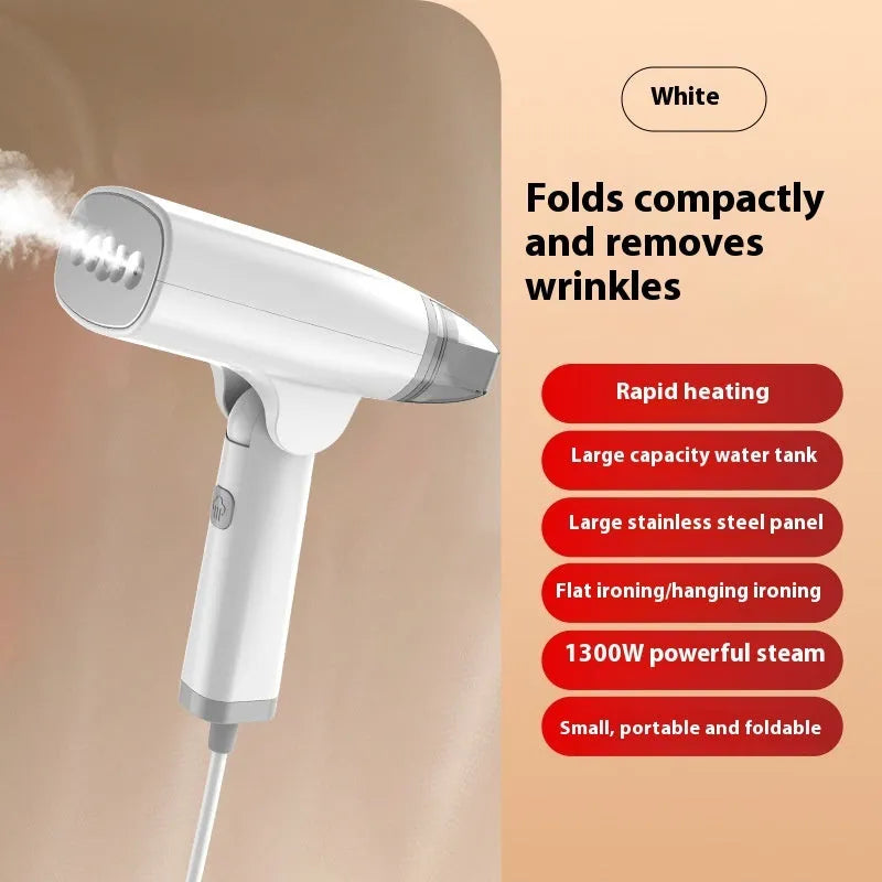 Blue handheld garment steamer with water tank and mechanical controls for ironing clothes
