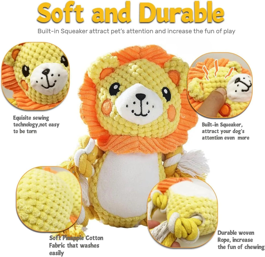 Lion and monkey plush squeaky dog toys for medium large breeds showing size comparison