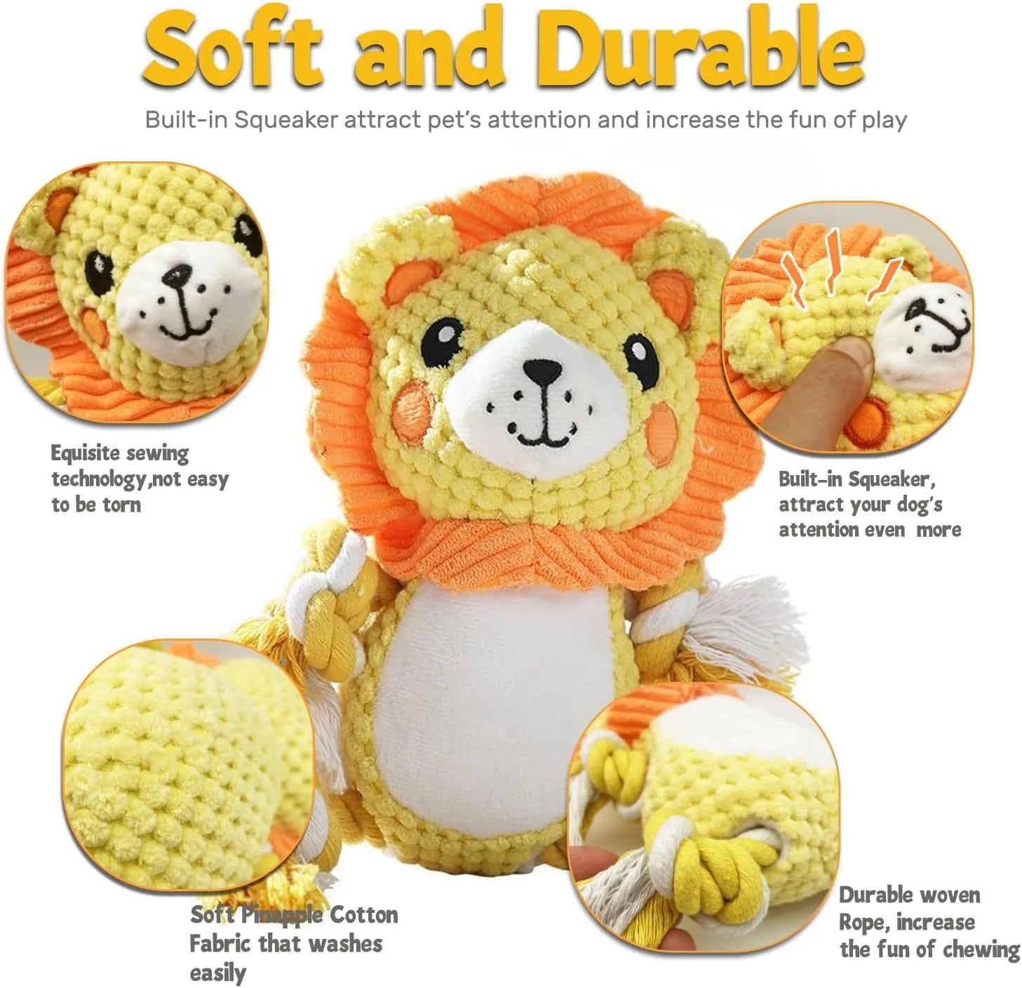 Lion and monkey plush squeaky dog toys for medium large breeds showing size comparison