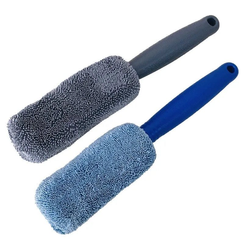 Microfiber long handle car wash tire brush in blue and gray, 29x5x4.5cm for wheel hub cleaning