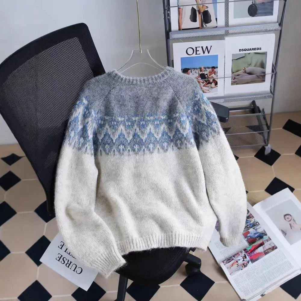 Women's loose fit jacquard knit sweater coat in milky white, shown front view.