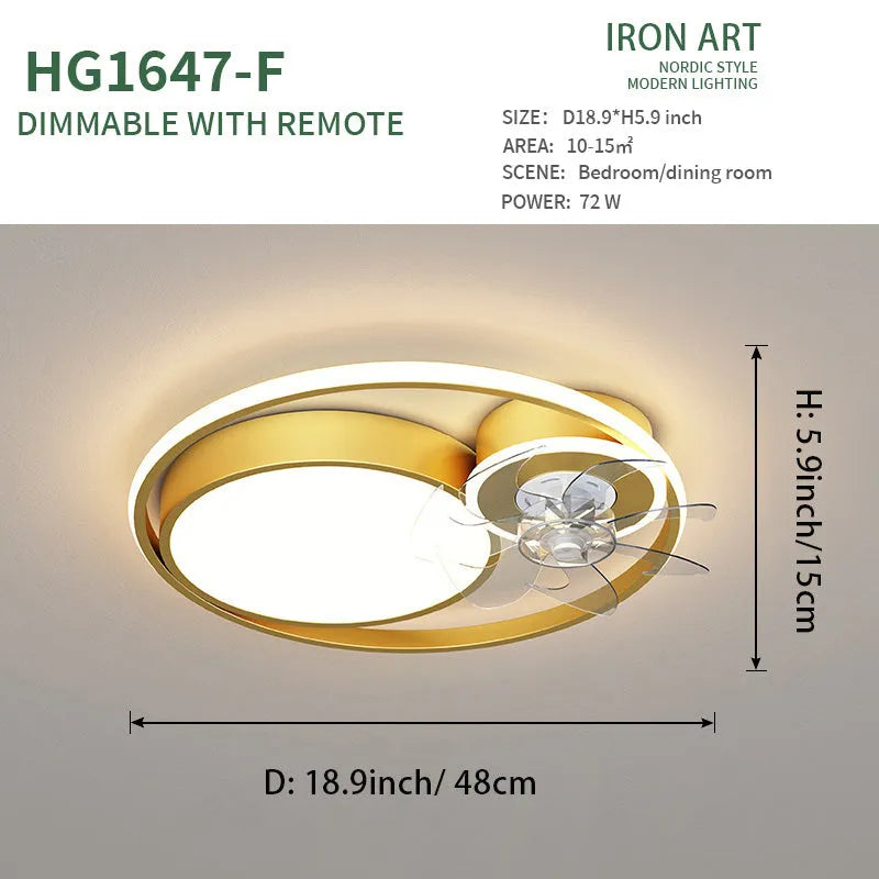 Ceiling-mounted fan light with metal blades and a white acrylic lampshade, shown in a room setting.