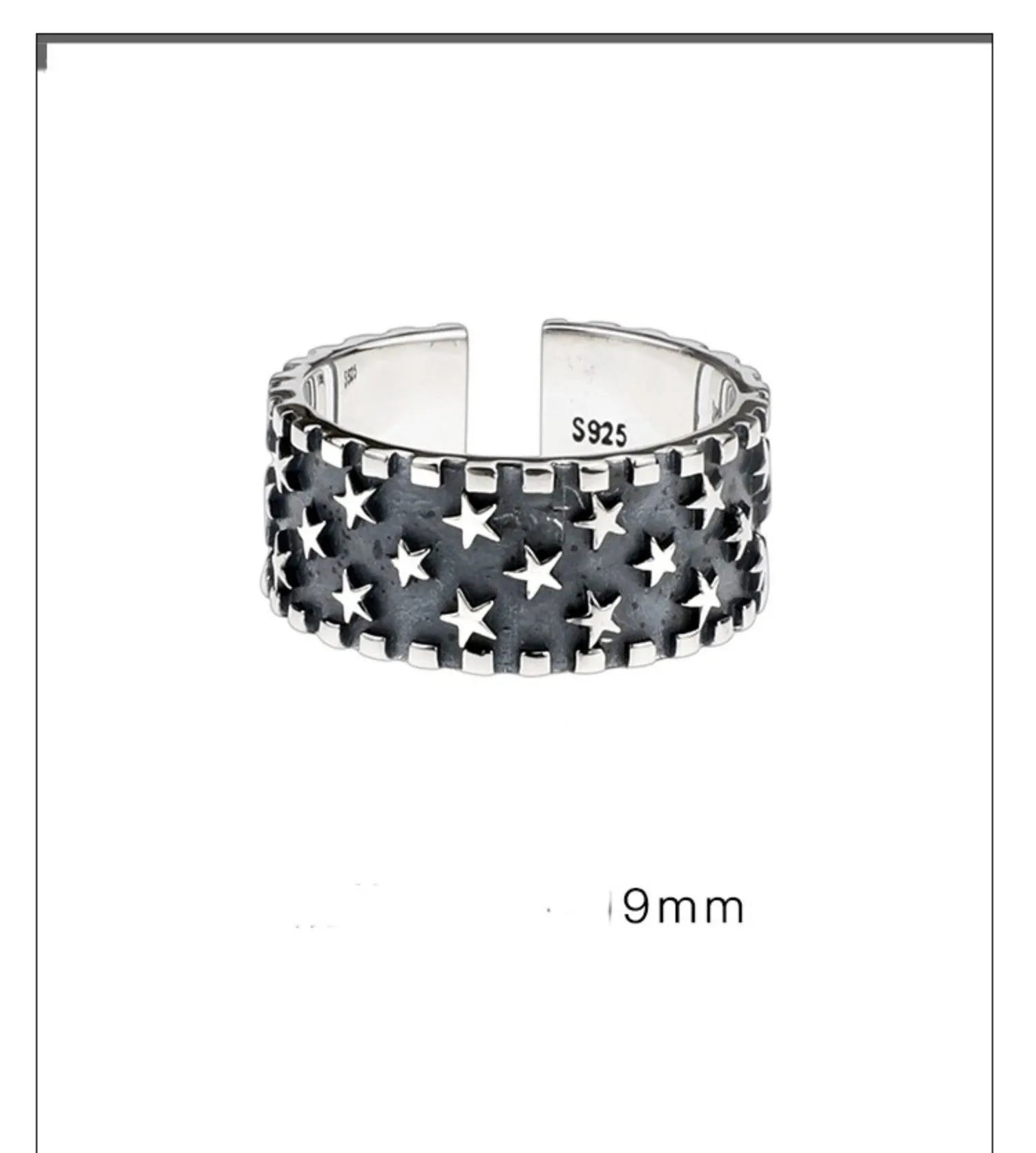 Adjustable sterling silver ring with a raised five-pointed star design on the band.