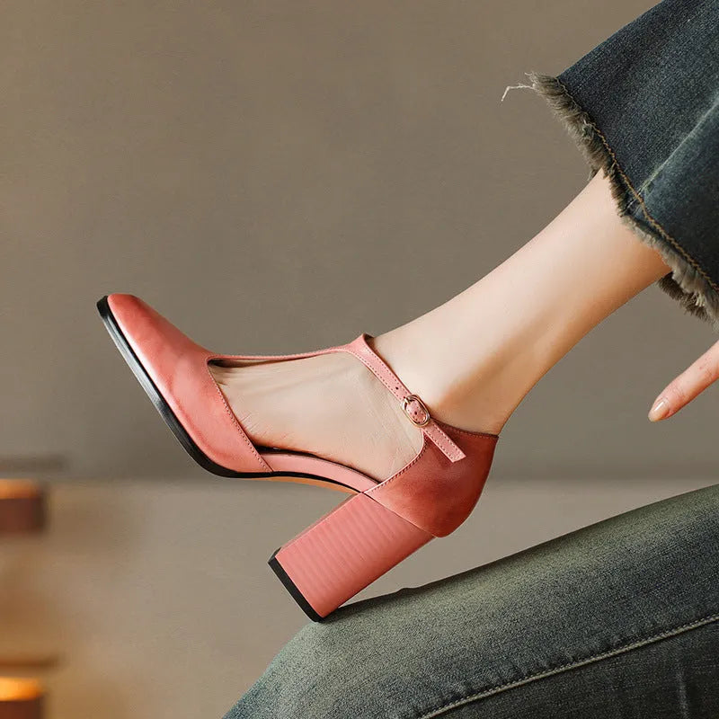 Retro pointed-toe women's Mary Jane shoes in dark brown leather with a buckle and hollow Baotou design.