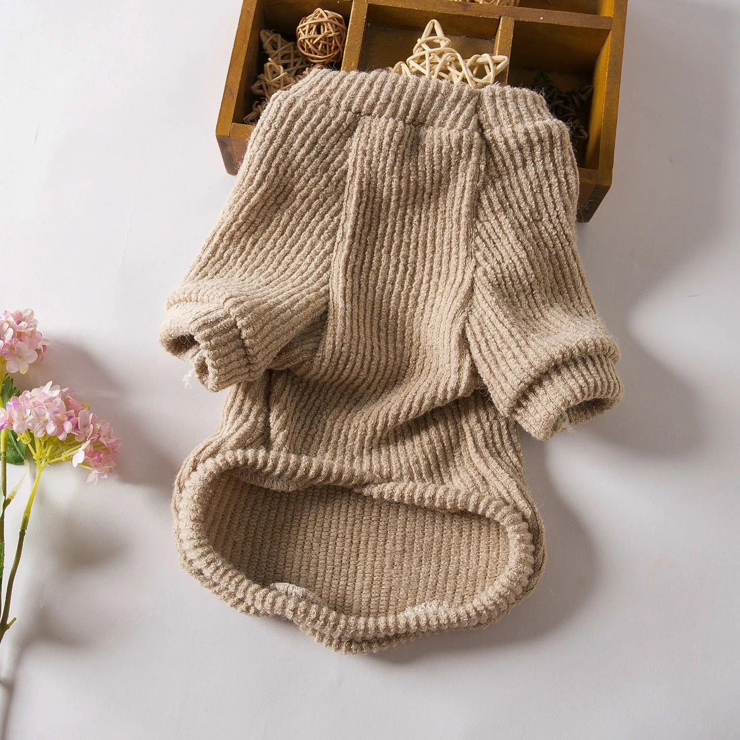 Brown cloth dog sweater pullover for small breed dogs on size chart