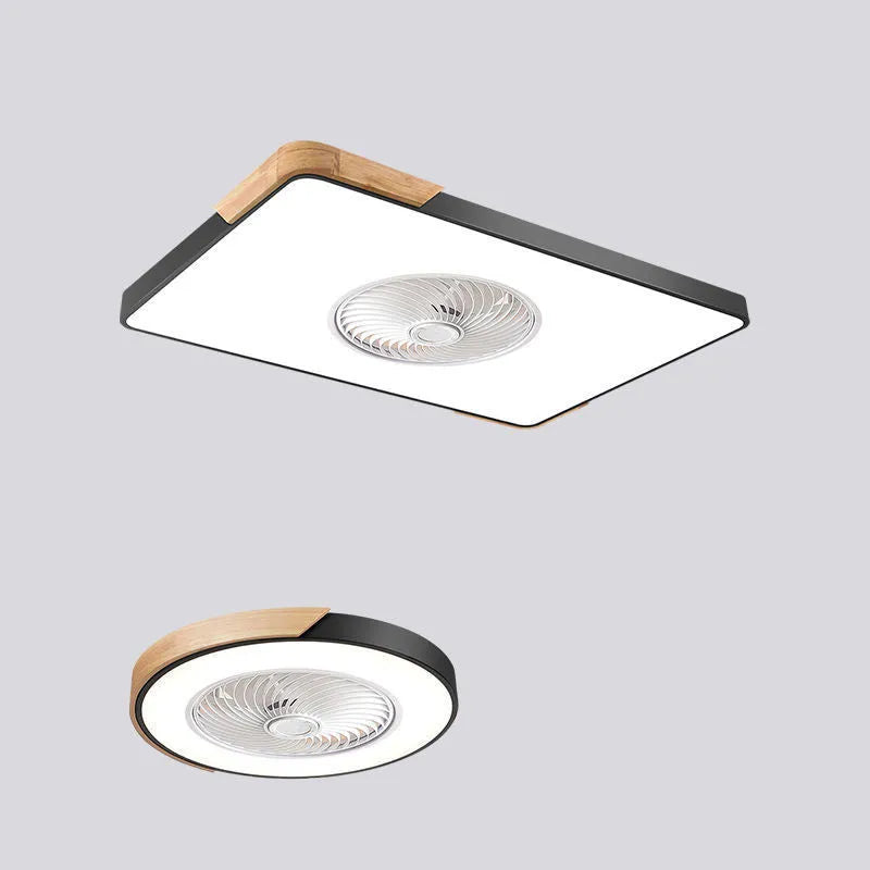 Nordic style ceiling fan with integrated light in a solid wood rectangular, round, or square frame.