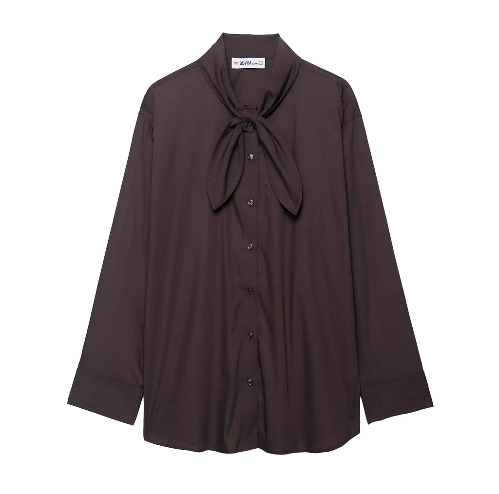Women's brown solid colour poplin shirt with bow tie and long sleeves, loose fit