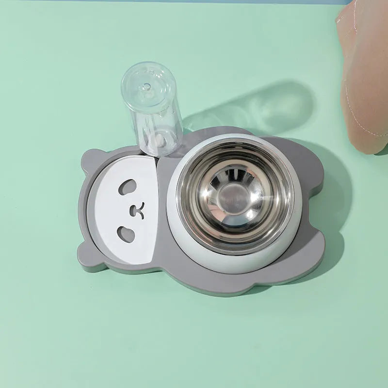Raised cat bowl set with automatic water dispenser bottle in panda design